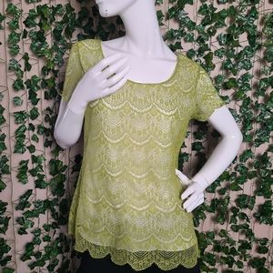 Banana Republic Women's Elegant Green Scalloped Lace Overlay Feminine Top